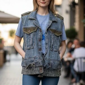 Vintage Unisex Gasoline Jeans Utility Vest with Faux Suede Accents